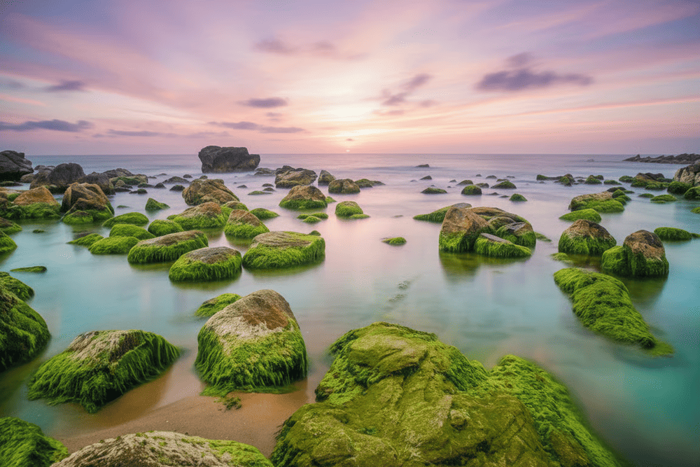 B&atilde;i biển Nam &Ocirc; c&oacute; nhiều tảng đ&aacute; lớn phủ đầy r&ecirc;u phong dọc bờ biển